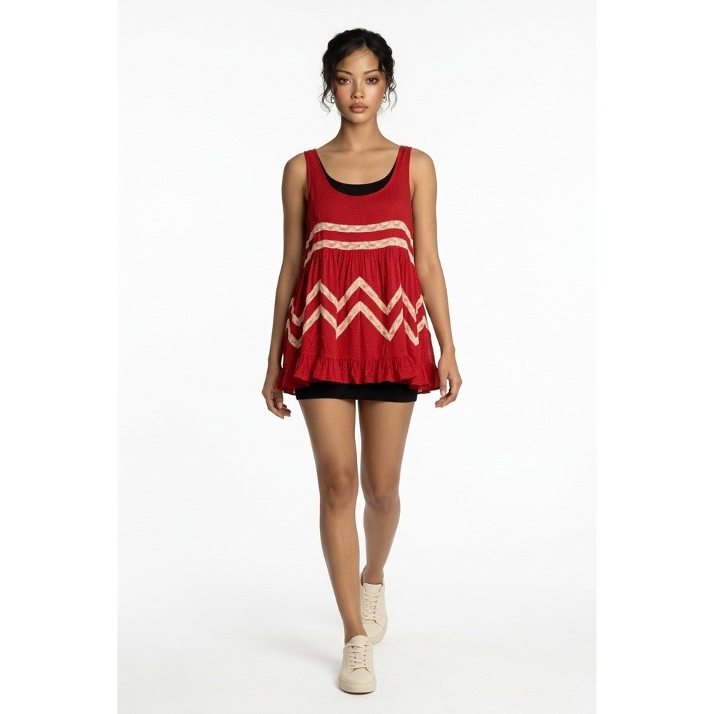 Intimately Free People Red Polka Dot Lace Chevron Babydoll Tank Top XS